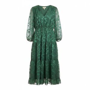 Taylor Emerald Green Chiffon VNeck Long Bishop Sleeves Burnout Maxi Tiered Dress